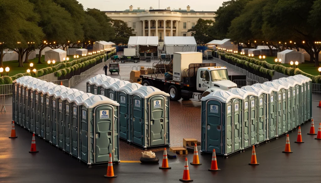 Row of portable toilets at an outdoor festival
